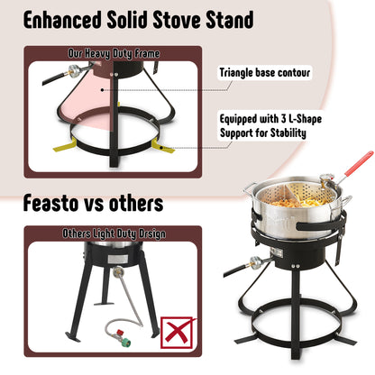 10 Qt Aluminum Outdoor Propane Gas Fish Fryer Pot Kit with Strainer Basket, 50,000 BTU Burner, Adjustable 0-5 PSI Regulator, Perfect for Boiling and Frying