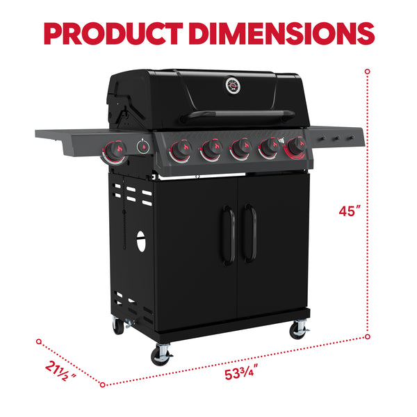 FEASTO 5-Burner Propane Gas Grill with Sear Burner & Side Burner, Porcelain-Enameled Main Body and Lid, 58,000 BTU Outdoor BBQ Grill, 686 Sq. In. Cooking Area, Cabinet Storage, Backyard Patio Barbecue Grill, Black