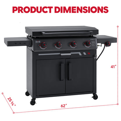 FEASTO 36" 4-Burner Propane Gas Griddle with Side Burner and Cabinet, 50,000 BTU, 720 Sq. In. Cooking Area, Outdoor Flat Top Grill with Hood, Grease Cup, Disposable Foil Liners & Foldable Side Table, for Patio, Backyard, BBQ Party, Black