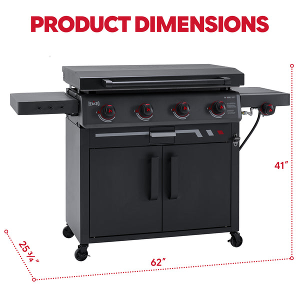 FEASTO 36" 4-Burner Propane Gas Griddle with Side Burner and Cabinet, 50,000 BTU, 720 Sq. In. Cooking Area, Outdoor Flat Top Grill with Hood, Grease Cup, Disposable Foil Liners & Foldable Side Table, for Patio, Backyard, BBQ Party, Black