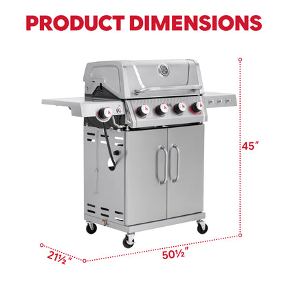 FEASTO Stainless Steel 4-Burner Propane Gas Grill with Sear Burner & Side Burner, Stainless Steel Construction with Porcelain-Enameled Main Body, 49,500 BTU Outdoor BBQ Grill, 563 Sq. In. Cabinet Storage, Backyard Patio Barbecue Grill, Silver