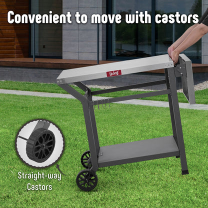 Feasto Outdoor Grill Table, 40’’x20’’, Movable Pizza Oven Table with Wheels, Stainless Steel Countertop Grill Cart with Storage Shelf & Foldable Extension Table, 6 Extra Hooks,for BBQ Food Prep