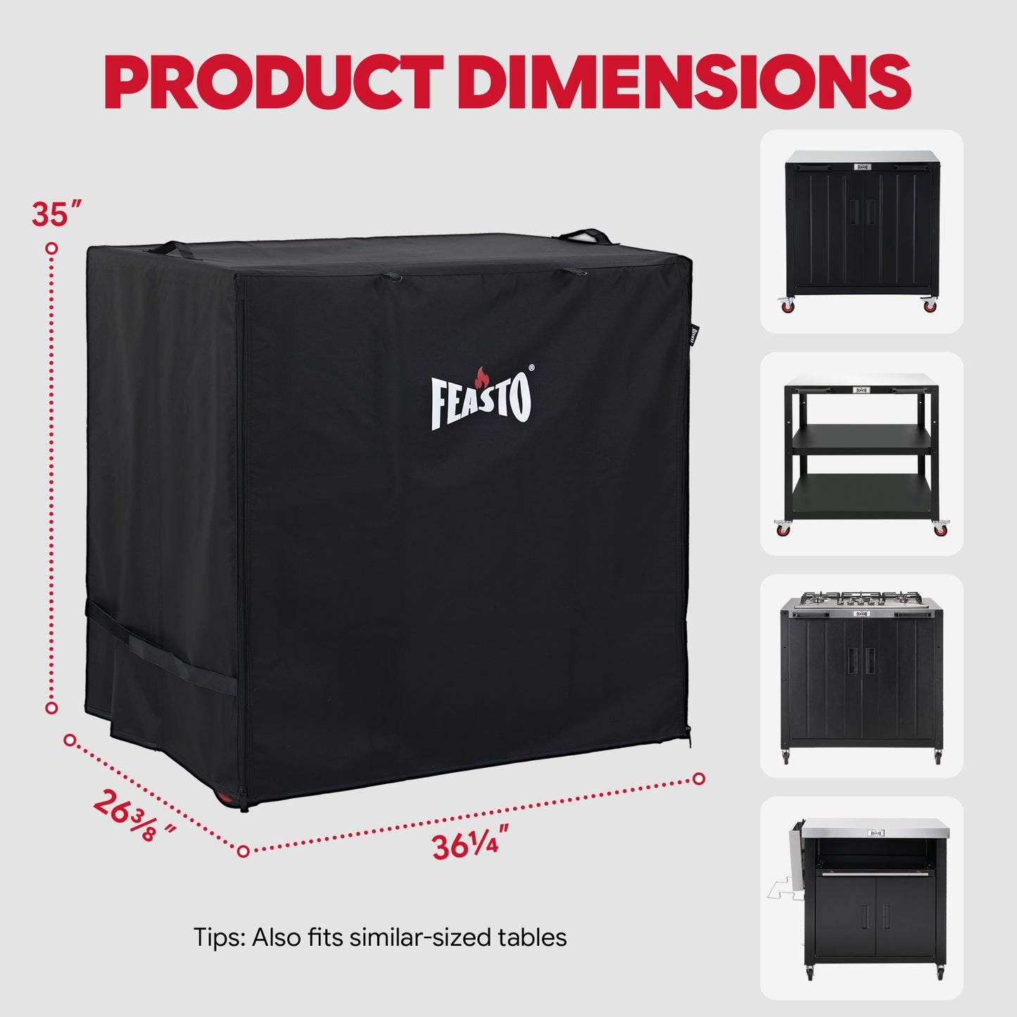 FEASTO 36-Inch Outdoor Prep Table Cover, Waterproof 600D Grill Cart Cover with Roll-Up Zippered Door, for Kitchen Island & Outdoor Storage Cabinet, Black