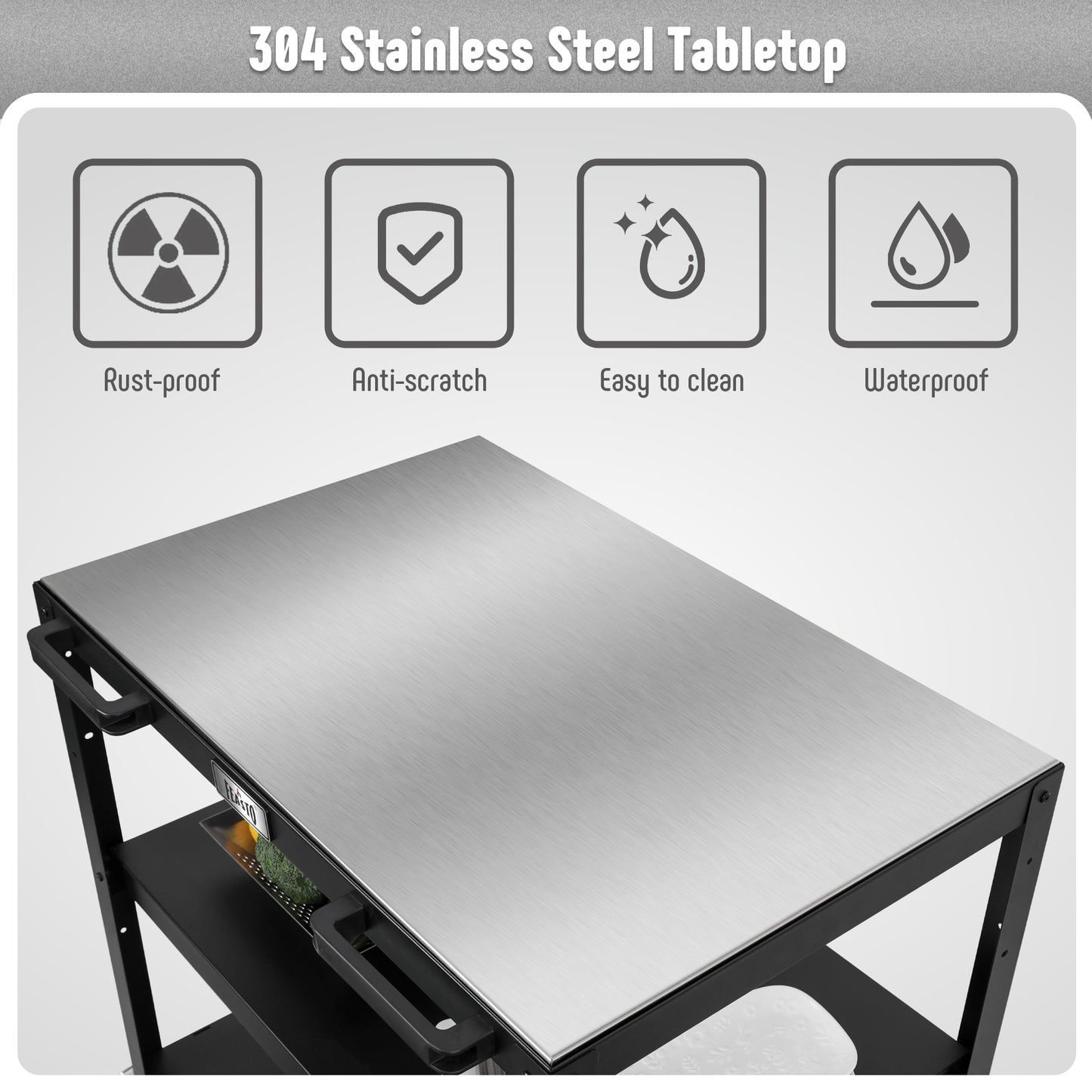 Feasto 3-Shelf Outdoor Steel Table Cart 35.4” x 24” Stainless Steel Table Top Movable Commercial Food Prep Pizza Prep Worktable Outdoor Kitchen Island