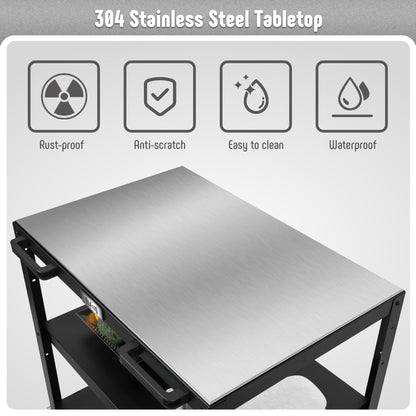 Feasto 3-Shelf Outdoor Steel Table Cart 35.4” x 24” Stainless Steel Table Top Movable Commercial Food Prep Pizza Prep Worktable Outdoor Kitchen Island