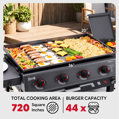 FEASTO 36" 4-Burner Propane Gas Griddle with Side Burner, 63,000 BTU, 720 Sq. In. Cooking Area, Outdoor Flat Top Grill with Grease Cup, Disposable Foil Liners & Foldable Side Table, for Patio, Backyard, BBQ Party, Black