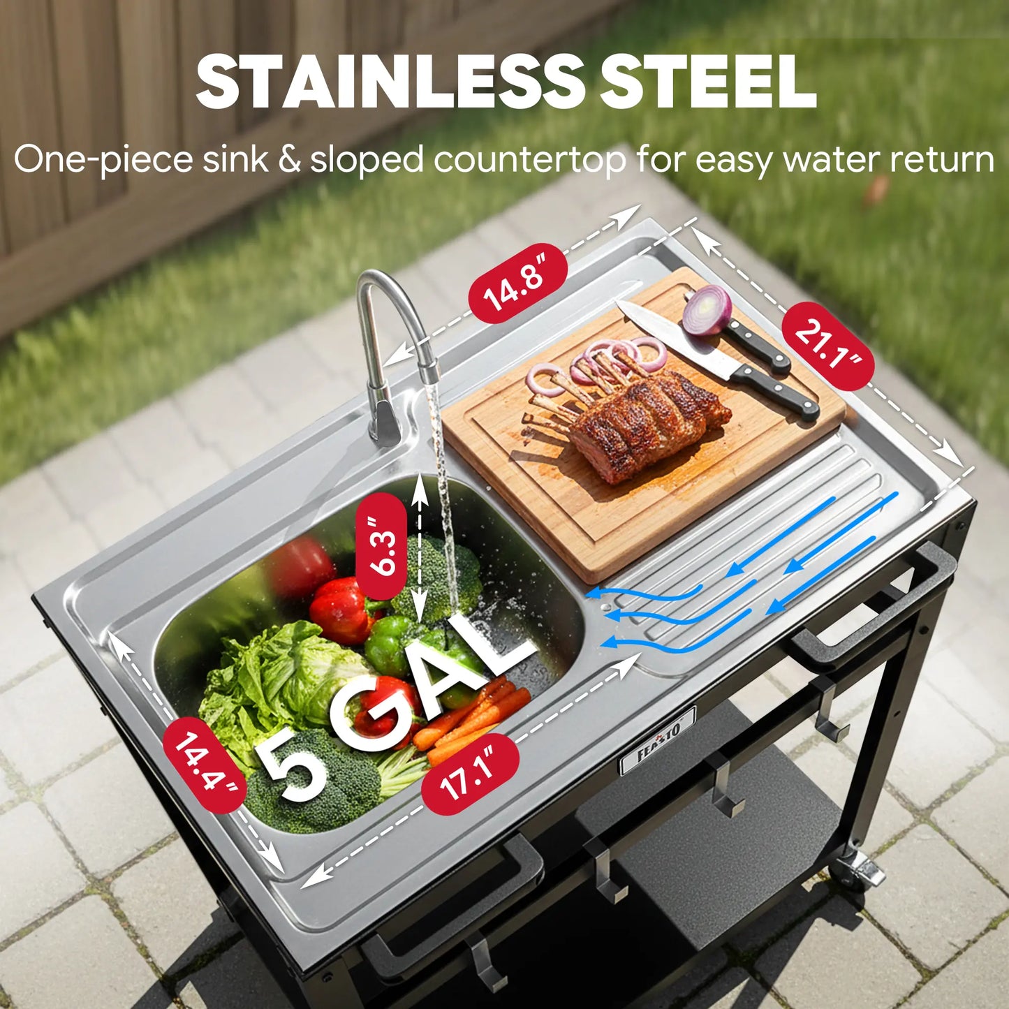 35-Inch Outdoor Grill Cart with Stainless Steel Sink, Rolling BBQ Prep Table with Faucet