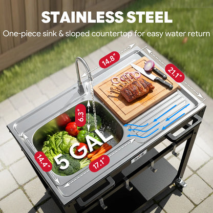 35-Inch Outdoor Grill Cart with Stainless Steel Sink, Rolling BBQ Prep Table with Faucet