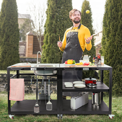 FEASTO Modular Outdoor Kitchen Sink Station Free Standing Table with Sink 304 Stainless-Steel Single Bowl Faucet & Drainboard Movable Commercial Kitchen