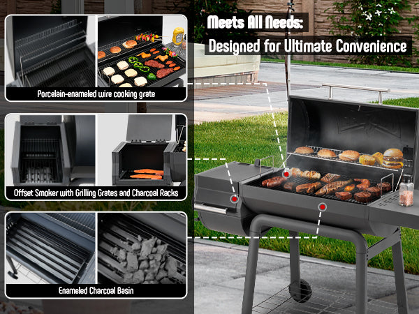 Charcoal Grill with Offset Smoker Grill and Side Table, 30-In Heavy-Duty Outdoor BBQ Grill with 815 Sq. In. Cooking Space for Outdoor Barbecue in Backyard, Patio and Parties, Black by Feasto