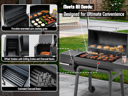 Charcoal Grill with Offset Smoker Grill and Side Table, 30-In Heavy-Duty Outdoor BBQ Grill with 815 Sq. In. Cooking Space for Outdoor Barbecue in Backyard, Patio and Parties, Black by Feasto