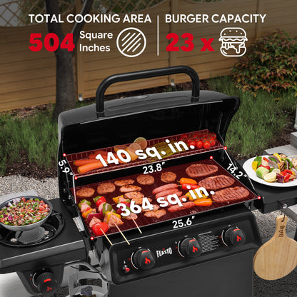 3 Burner Propane Gas Grill with Side Burner, Porcelain-Enamel Main Body and Lid, Propane BBQ Grill with 38,000 BTUs Output & Side Table for Patio, Backyard, Poolside Gatherings