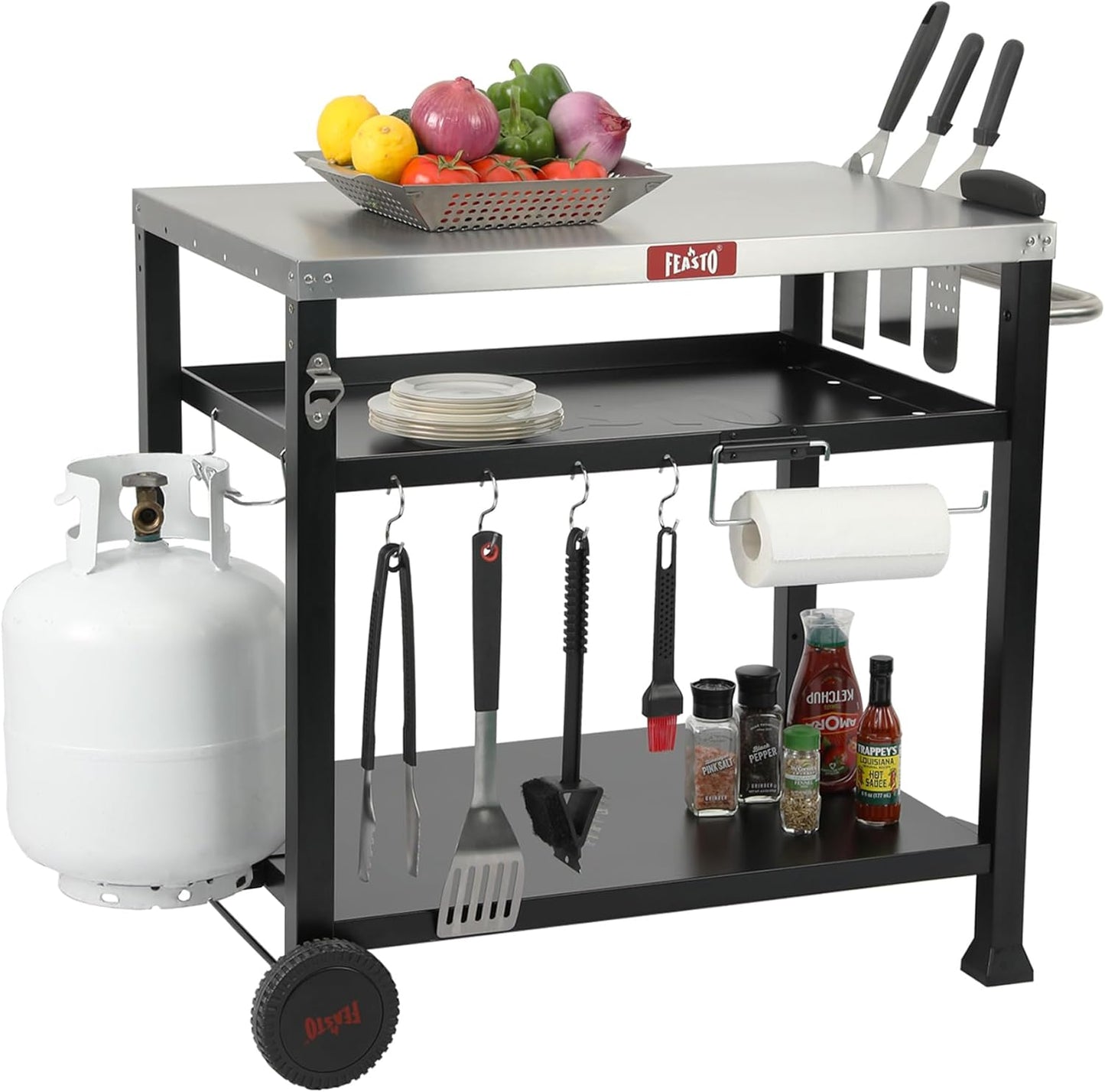 Feasto Three-Shelf Movable Food Prep and Work Cart Table, L39.5''x W25.6''x H33'', Cover Included