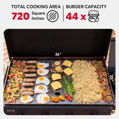 FEASTO 36" 4-Burner Propane Gas Griddle with Side Burner and Cabinet, 50,000 BTU, 720 Sq. In. Cooking Area, Outdoor Flat Top Grill with Hood, Grease Cup, Disposable Foil Liners & Foldable Side Table, for Patio, Backyard, BBQ Party, Black