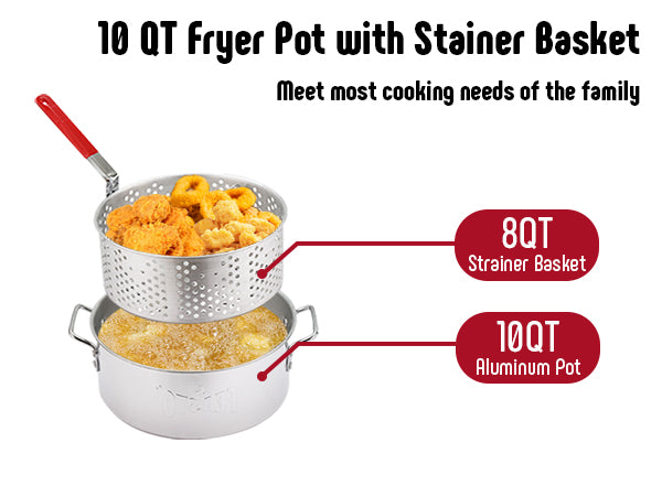 10 Qt Aluminum Outdoor Propane Gas Fish Fryer Pot Kit with Strainer Basket, 50,000 BTU Burner, Adjustable 0-5 PSI Regulator, Perfect for Boiling and Frying