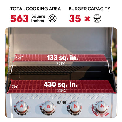 FEASTO Stainless Steel 4-Burner Propane Gas Grill with Sear Burner & Side Burner, Stainless Steel Construction with Porcelain-Enameled Main Body, 49,500 BTU Outdoor BBQ Grill, 563 Sq. In. Cabinet Storage, Backyard Patio Barbecue Grill, Silver