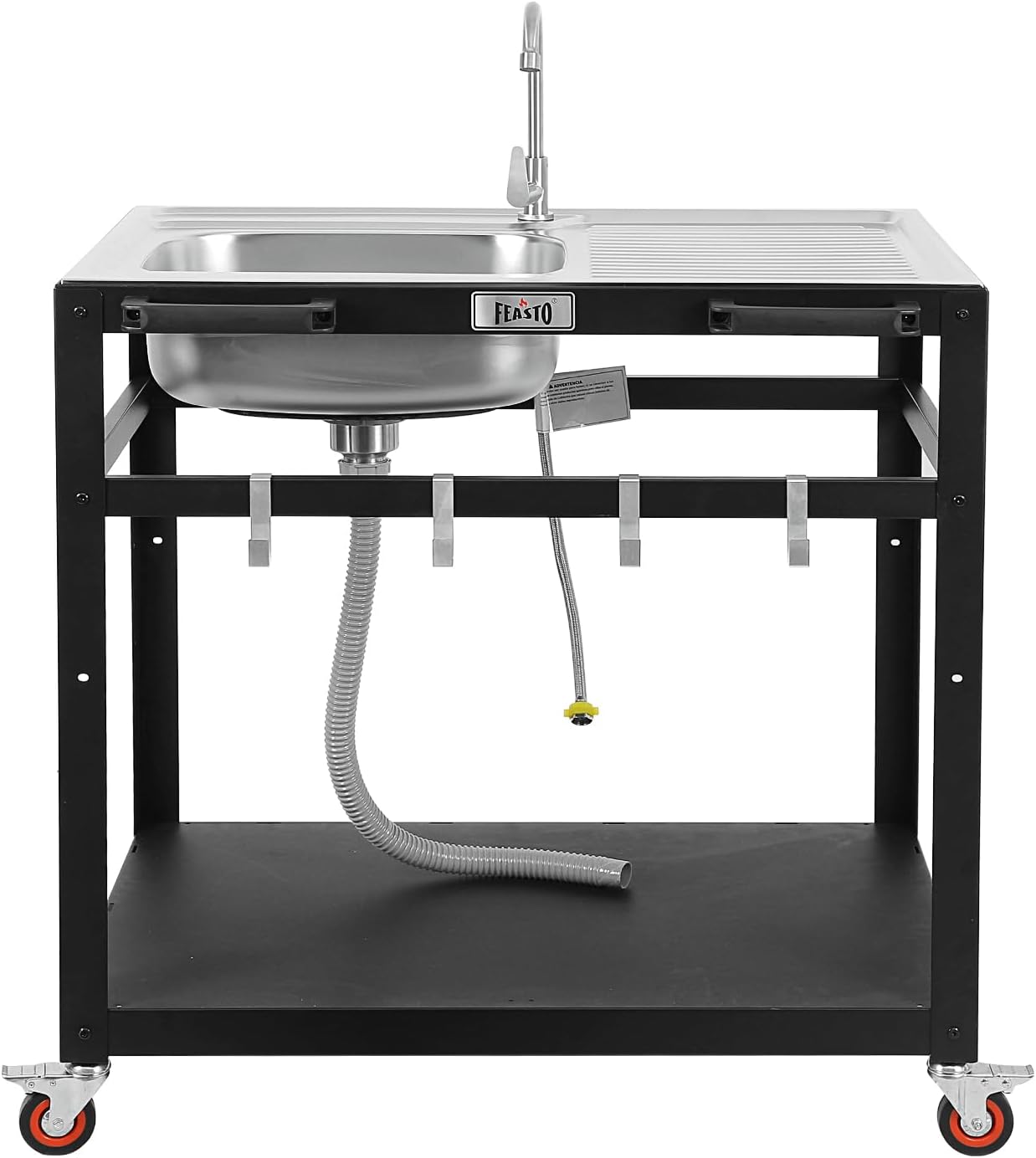 FEASTO Modular Outdoor Kitchen Sink Station Free Standing Table with Sink 304 Stainless-Steel Single Bowl Faucet & Drainboard Movable Commercial Kitchen