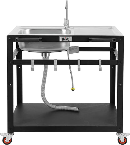FEASTO Modular Outdoor Kitchen Sink Station Free Standing Table with Sink 304 Stainless-Steel Single Bowl Faucet & Drainboard Movable Commercial Kitchen