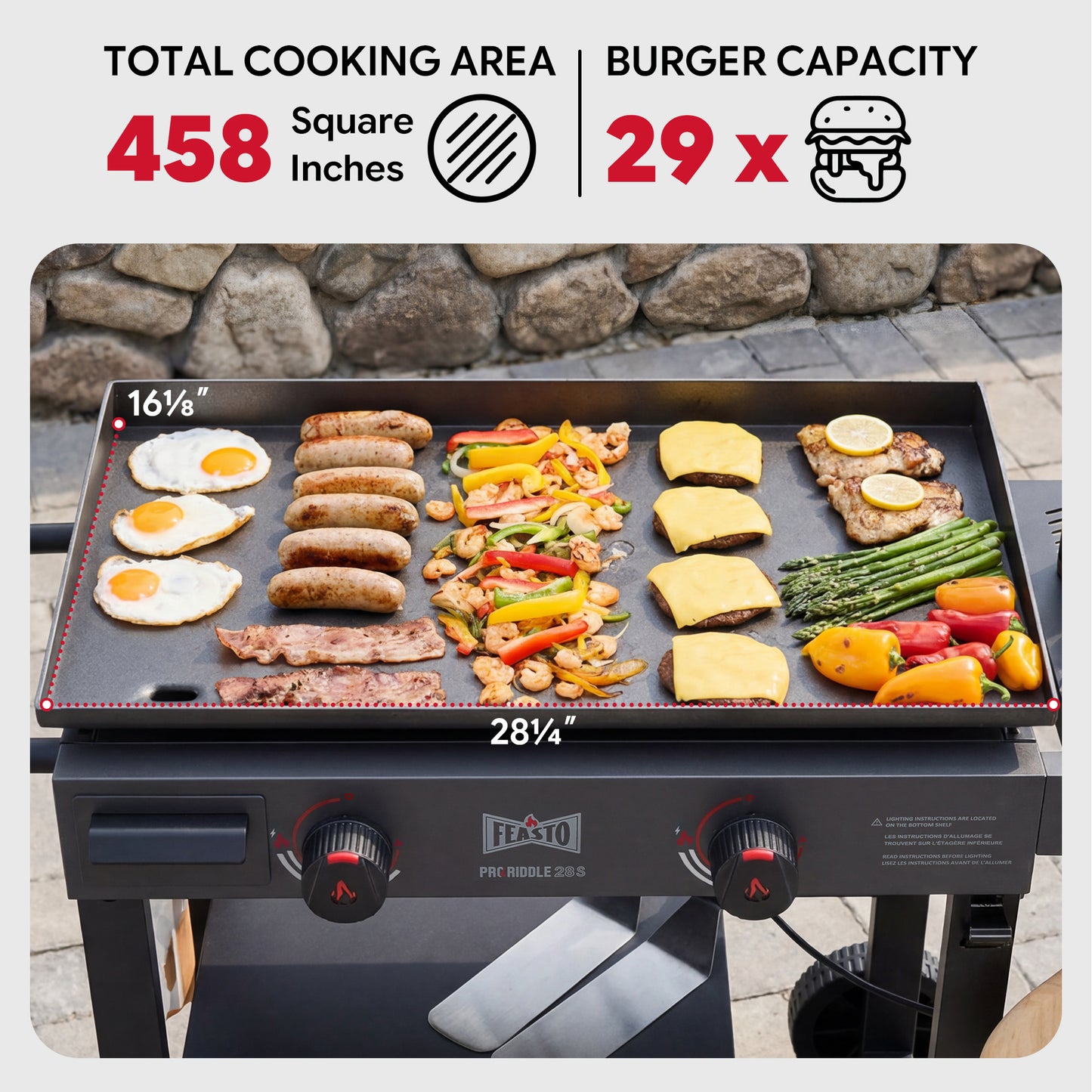 FEASTO 28" 2-Burner Propane Gas Griddle with Cart, 30,000 BTU, 458 Sq. In. Cooking Area, Outdoor Heavy-Duty Flat Top Grill with Front Grease Cup, Side Table, for Camping, Tailgating, Backyard, Black