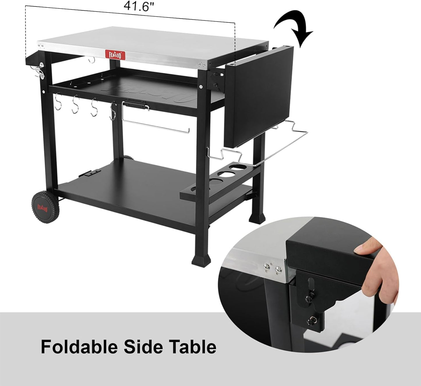 Feasto Outdoor Grill Table Cart, Pizza Oven Stand with Cover, 50" x 22" Stainless Steel Tabletop