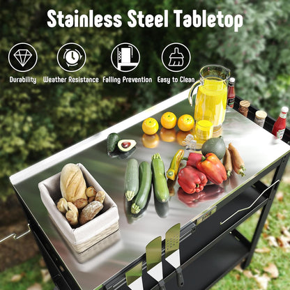 FEASTO  31.5"x18" Outdoor Grill Cart with Stainless Steel Tabletop, Movable Grill Table with Seasoning Rack & Magnetic Tools Holder, Backyard BBQ Kitchen Food Prep Table for Portable Grill & Pizza Oven