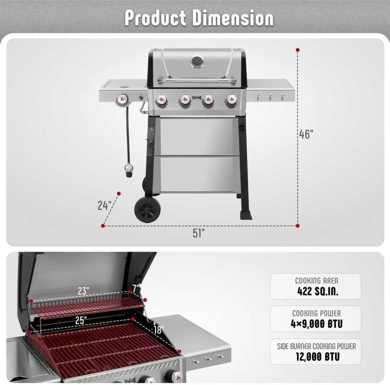 4+1 Burner Gas Grill, All Stainless Steel Outdoor BBQ Grill with Enameled Coated Chamber Body, 48,000 BTU Garden Barbecue Grill with Porcelain-Enameled Cast lron Grates, Grill Cover Included