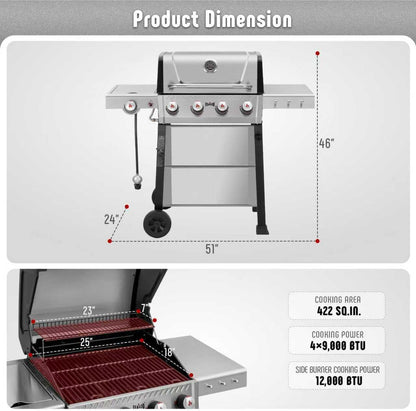 4+1 Burner Gas Grill, All Stainless Steel Outdoor BBQ Grill with Enameled Coated Chamber Body, 48,000 BTU Garden Barbecue Grill with Porcelain-Enameled Cast lron Grates, Grill Cover Included