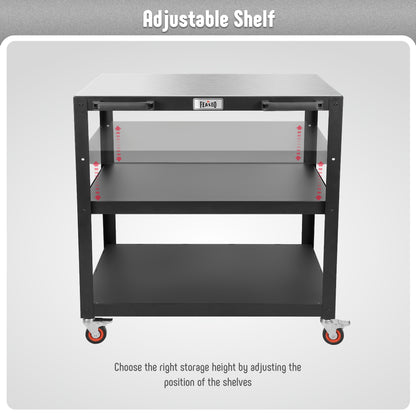Feasto 3-Shelf Outdoor Steel Table Cart 35.4” x 24” Stainless Steel Table Top Movable Commercial Food Prep Pizza Prep Worktable Outdoor Kitchen Island