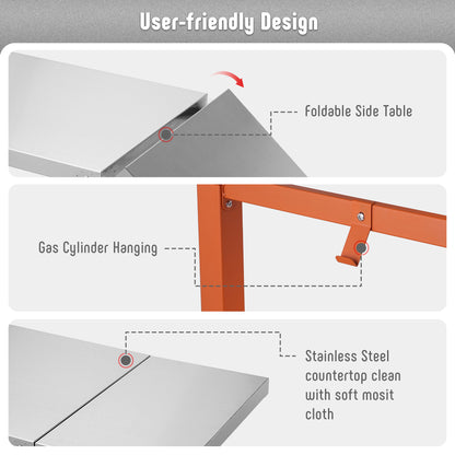 Feasto Outdoor Grill Table, 40’’x20’’, Movable Pizza Oven Table with Wheels, Stainless Steel Countertop Grill Cart with Storage Shelf & Foldable Extension Table, 6 Extra Hooks,for BBQ Food Prep