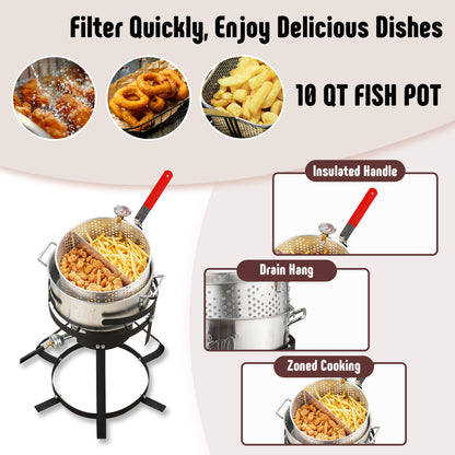 10 Qt Aluminum Outdoor Propane Gas Fish Fryer Pot Kit with Strainer Basket, 50,000 BTU Burner, Adjustable 0-5 PSI Regulator, Perfect for Boiling and Frying