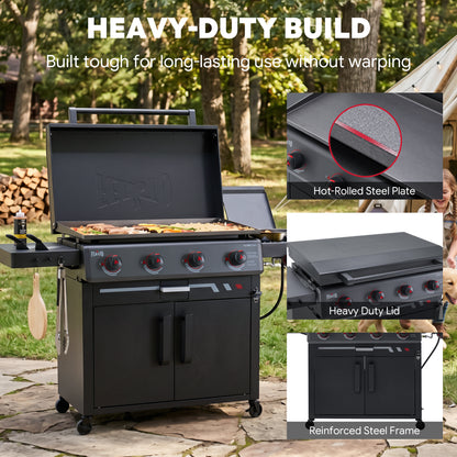 FEASTO 36" 4-Burner Propane Gas Griddle with Side Burner and Cabinet, 50,000 BTU, 720 Sq. In. Cooking Area, Outdoor Flat Top Grill with Hood, Grease Cup, Disposable Foil Liners & Foldable Side Table, for Patio, Backyard, BBQ Party, Black