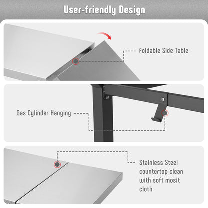 Feasto Outdoor Grill Table, 40’’x20’’, Movable Pizza Oven Table with Wheels, Stainless Steel Countertop Grill Cart with Storage Shelf & Foldable Extension Table, 6 Extra Hooks,for BBQ Food Prep