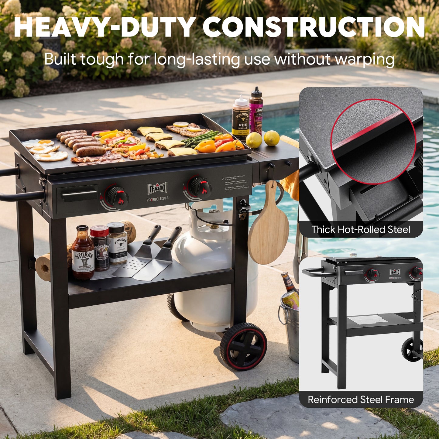 FEASTO 28" 2-Burner Propane Gas Griddle with Cart, 30,000 BTU, 458 Sq. In. Cooking Area, Outdoor Heavy-Duty Flat Top Grill with Front Grease Cup, Side Table, for Camping, Tailgating, Backyard, Black