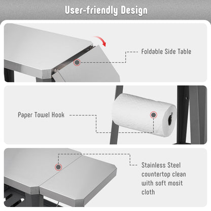 Feasto Outdoor Grill Table Cart, Pizza Oven Table with Wheels, Stainless Steel Countertop Cart with Foldable Extension Table, Versatile Food Prep Grill Cart for Outdoor BBQ Cooking Gathering