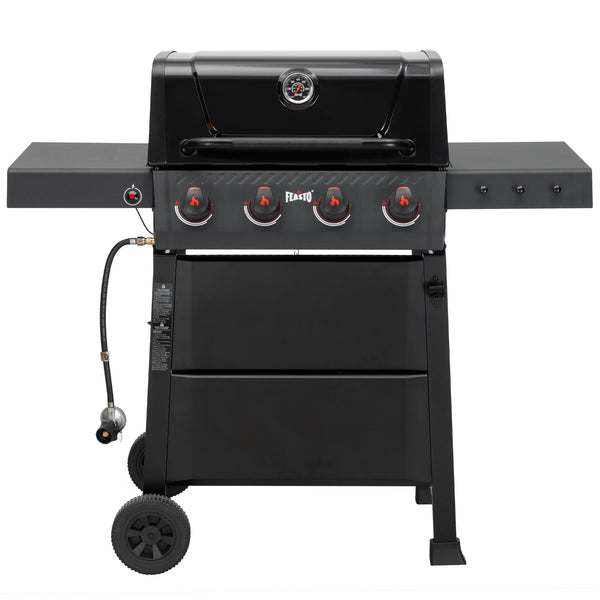 4 Burner Gas Grill, 36,000 BTU Outdoor BBQ Grill with Side Table for Outdoor Cooking & Backyard Barbecue, Premium Enameled Coated Chamber Body with Porcelain-Enameled Grates, Black