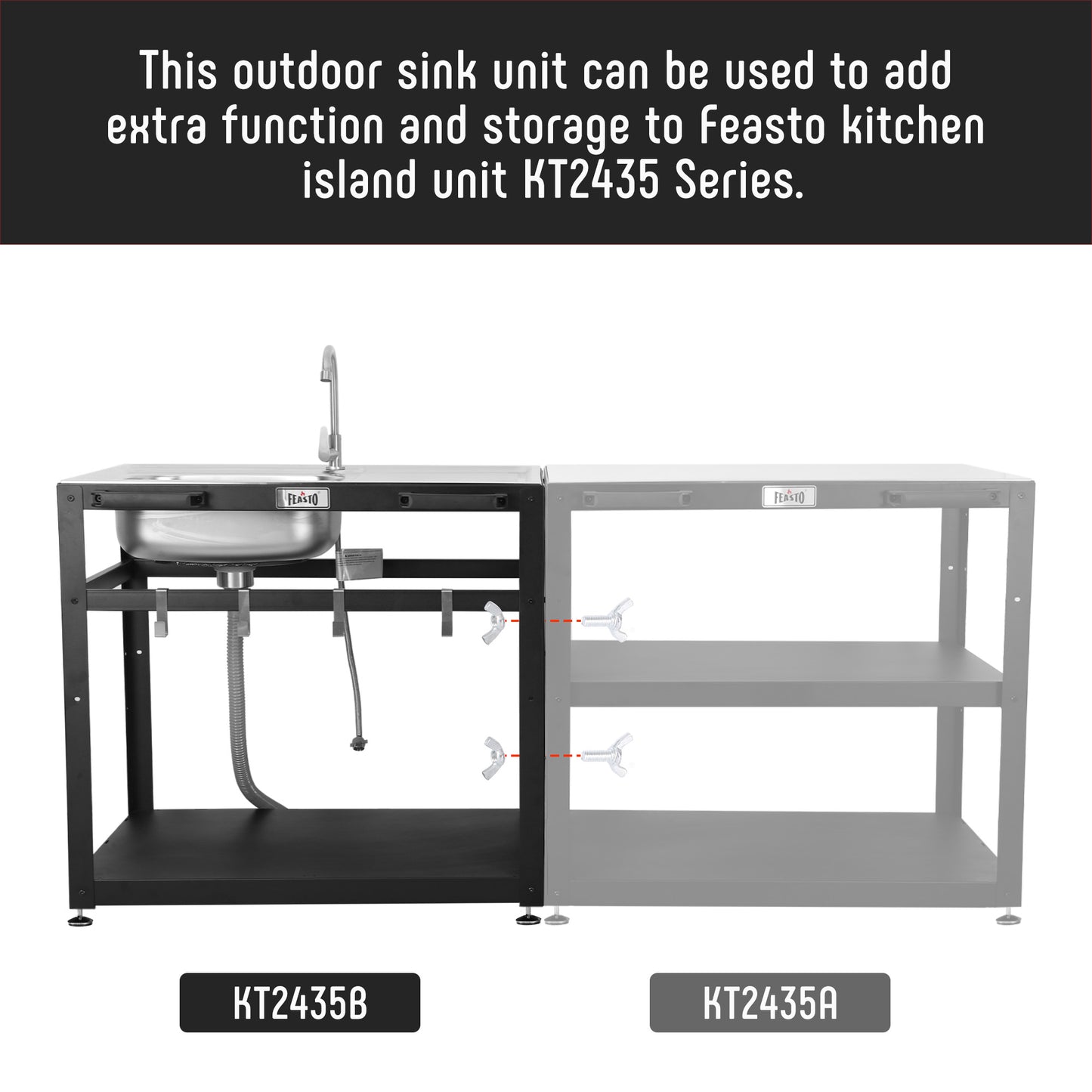 FEASTO Modular Outdoor Kitchen Sink Station Free Standing Table with Sink 304 Stainless-Steel Single Bowl Faucet & Drainboard Movable Commercial Kitchen