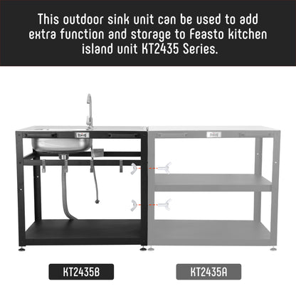 FEASTO Modular Outdoor Kitchen Sink Station Free Standing Table with Sink 304 Stainless-Steel Single Bowl Faucet & Drainboard Movable Commercial Kitchen