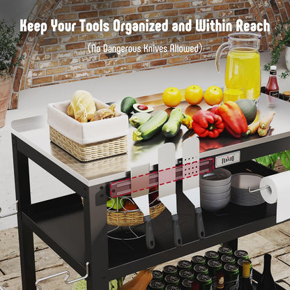 FEASTO  31.5"x18" Outdoor Grill Cart with Stainless Steel Tabletop, Movable Grill Table with Seasoning Rack & Magnetic Tools Holder, Backyard BBQ Kitchen Food Prep Table for Portable Grill & Pizza Oven