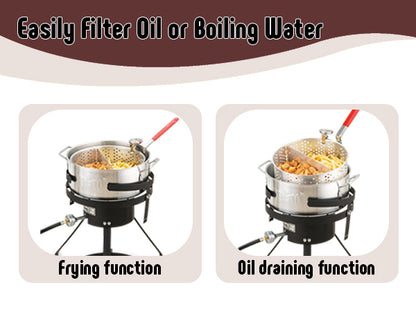 10 Qt Aluminum Outdoor Propane Gas Fish Fryer Pot Kit with Strainer Basket, 50,000 BTU Burner, Adjustable 0-5 PSI Regulator, Perfect for Boiling and Frying