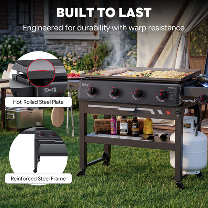 FEASTO 36" 4-Burner Propane Gas Griddle with Side Burner, 63,000 BTU, 720 Sq. In. Cooking Area, Outdoor Flat Top Grill with Grease Cup, Disposable Foil Liners & Foldable Side Table, for Patio, Backyard, BBQ Party, Black