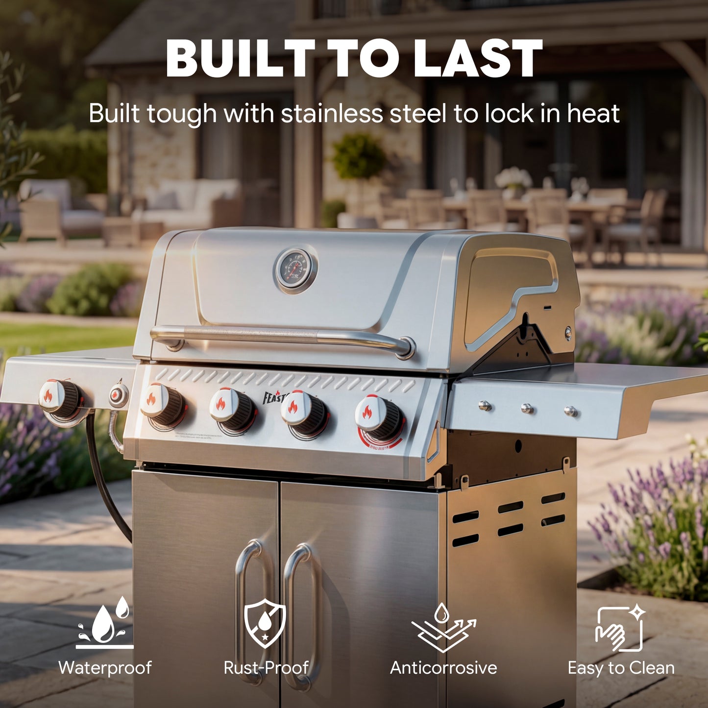 FEASTO Stainless Steel 4-Burner Propane Gas Grill with Sear Burner & Side Burner, Stainless Steel Construction with Porcelain-Enameled Main Body, 49,500 BTU Outdoor BBQ Grill, 563 Sq. In. Cabinet Storage, Backyard Patio Barbecue Grill, Silver