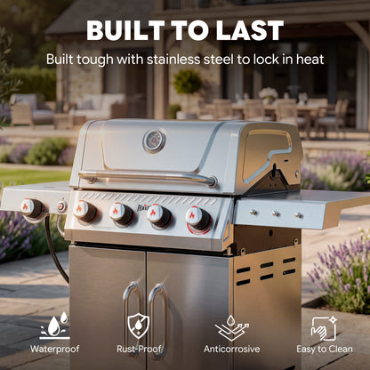 FEASTO Stainless Steel 4-Burner Propane Gas Grill with Sear Burner & Side Burner, Stainless Steel Construction with Porcelain-Enameled Main Body, 49,500 BTU Outdoor BBQ Grill, 563 Sq. In. Cabinet Storage, Backyard Patio Barbecue Grill, Silver