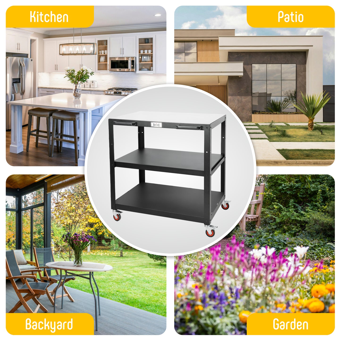 Feasto 3-Shelf Outdoor Steel Table Cart 35.4” x 24” Stainless Steel Table Top Movable Commercial Food Prep Pizza Prep Worktable Outdoor Kitchen Island