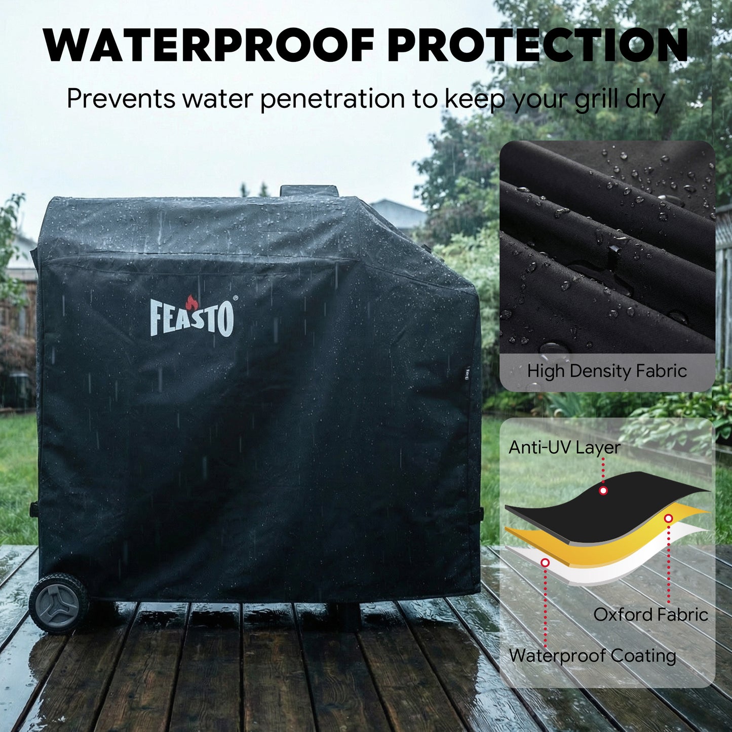 FEASTO 44-Inch Outdoor Grill Cover for Charcoal Grill with Side Table, Waterproof 600D Heavy Duty BBQ Grill Cover, with Handles & Hook and Loop Straps, Black