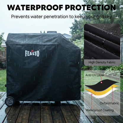 FEASTO 44-Inch Outdoor Grill Cover for Charcoal Grill with Side Table, Waterproof 600D Heavy Duty BBQ Grill Cover, with Handles & Hook and Loop Straps, Black