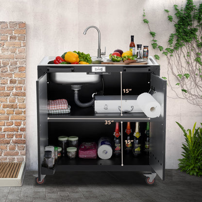 FEASTO Freestanding Sink Utility Sink with Cabinet 304 Stainless Steel Sink Outdoor Kitchen Sink Outdoor Grill Cart Laundry Room Sink Garage sink L35.4” x W24”