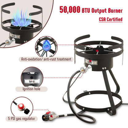 10 Qt Aluminum Outdoor Propane Gas Fish Fryer Pot Kit with Strainer Basket, 50,000 BTU Burner, Adjustable 0-5 PSI Regulator, Perfect for Boiling and Frying