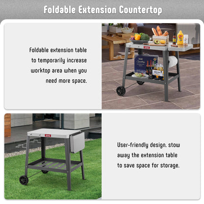 Feasto Outdoor Grill Table Cart, Pizza Oven Table with Wheels, Stainless Steel Countertop Cart with Foldable Extension Table, Versatile Food Prep Grill Cart for Outdoor BBQ Cooking Gathering