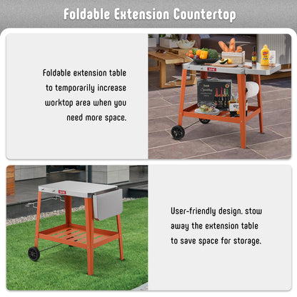 Feasto Outdoor Grill Table Cart, Pizza Oven Table with Wheels, Stainless Steel Countertop Cart with Foldable Extension Table, Versatile Food Prep Grill Cart for Outdoor BBQ Cooking Gathering