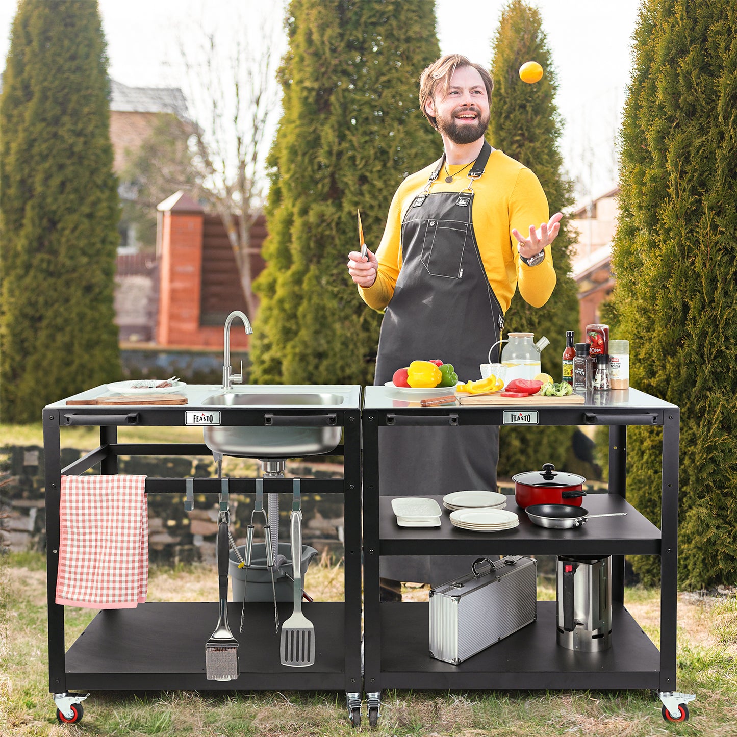 FEASTO Modular Outdoor Kitchen Sink Station Free Standing Table with Sink 304 Stainless-Steel Single Bowl Faucet & Drainboard Movable Commercial Kitchen